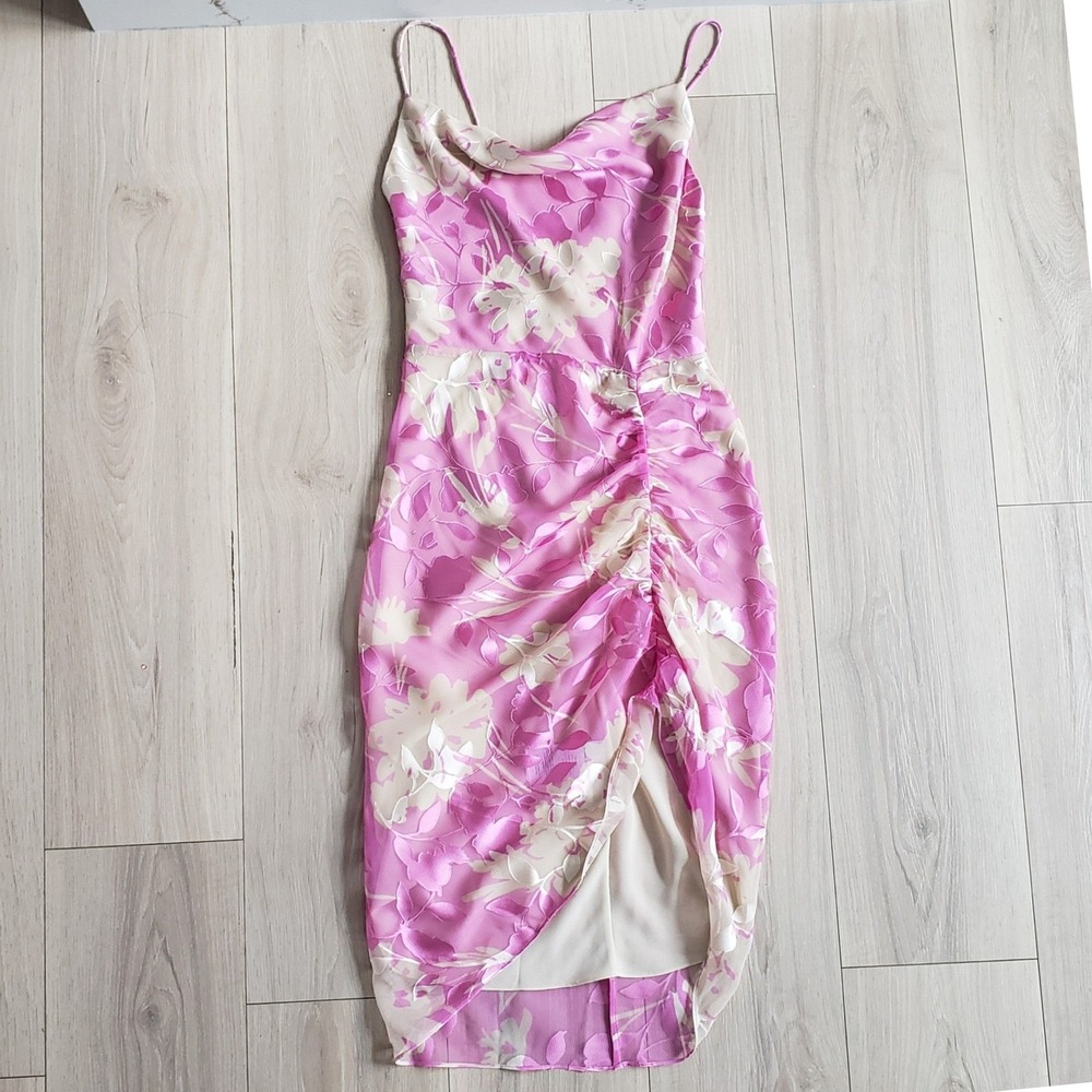 Samsoe Dress Womens XS Pink Kirigami‎ Floral Dapples Satin Ruched Burnout Midi